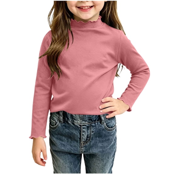 fatyb Toddler Girls Long Sleeve Shirts Mock Neck Ruffle T Shirts Casual Solid Color Tee Tops 1-10 Years