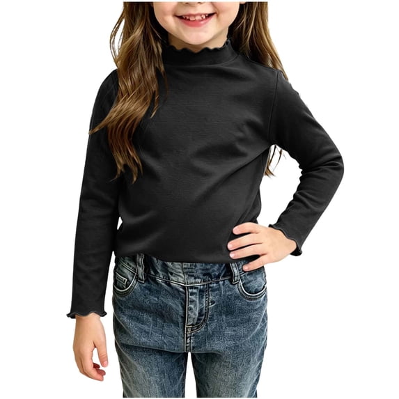 fatyb Toddler Girls Long Sleeve Shirts Mock Neck Ruffle T Shirts Casual Solid Color Tee Tops 1-10 Years