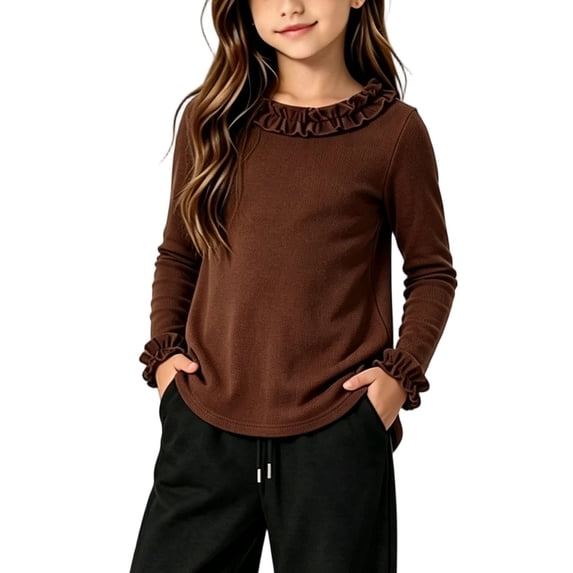 fatyb Toddler Girls Long Sleeve Shirts Ruffle Hem Crew Neck Stretch Tops Kids Fall Winter Warm Clothes
