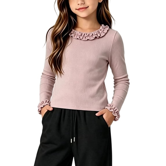 fatyb Toddler Girls Long Sleeve Shirts Ruffle Hem Crew Neck Stretch Tops Kids Fall Winter Warm Clothes