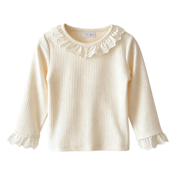 fatyb Toddler Girls Ribbed Knit Tops Crew Neck Long Sleeve Shirts Girls Cute T-Shirts with Lace Trim