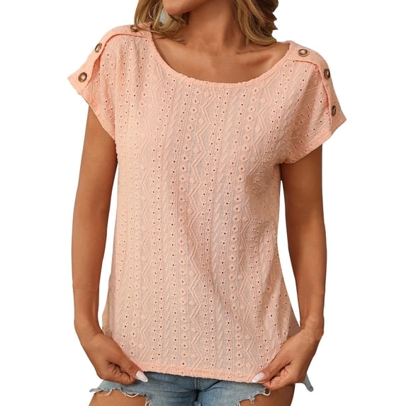 fatyb Tops Summer for Women Hollow out Short Sleeve T Shirts Casual Solid Color Womens Vacation Blouses