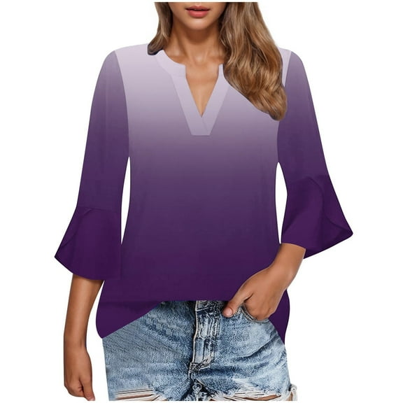 fatyb Tops for Women 3/4 Length Bell Sleeve V Neck Blouses Gradient Color Loose Womens Dressy Tshirts