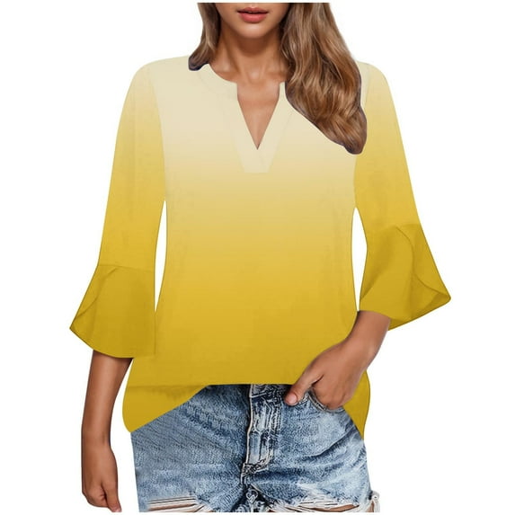 fatyb Tops for Women 3/4 Length Bell Sleeve V Neck Blouses Gradient Color Loose Womens Dressy Tshirts