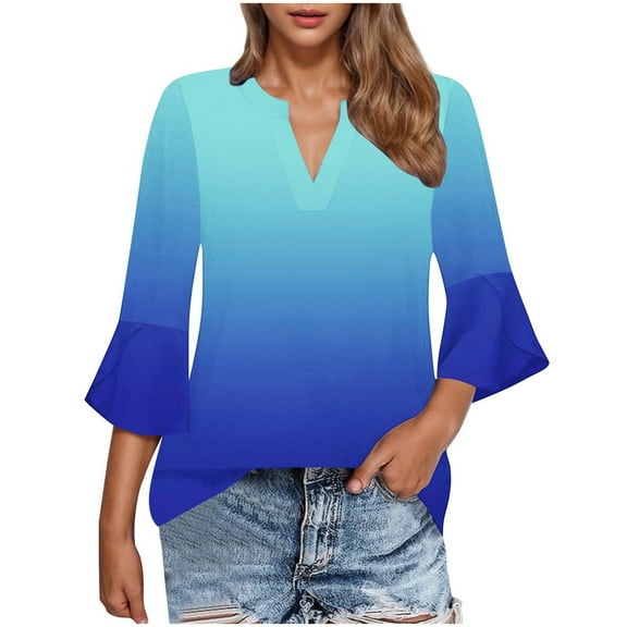 fatyb Tops for Women 3/4 Length Bell Sleeve V Neck Blouses Gradient Color Loose Womens Dressy Tshirts
