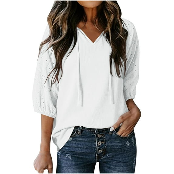 fatyb Tops for Women 3/4 Sleeve V Neck Casual Blouses Pullover Womens Loose Dressy Shirts with Drawstring