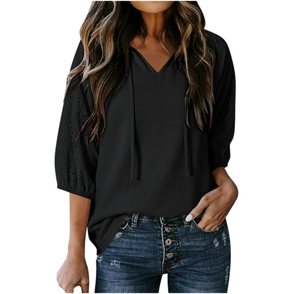 fatyb Tops for Women 3/4 Sleeve V Neck Casual Blouses Pullover Womens Loose Dressy Shirts with Drawstring