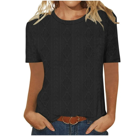 fatyb Tops for Women Short Sleeve Casual Knitted T-Shirts Solid Color Summer Womens Crewneck Blouses