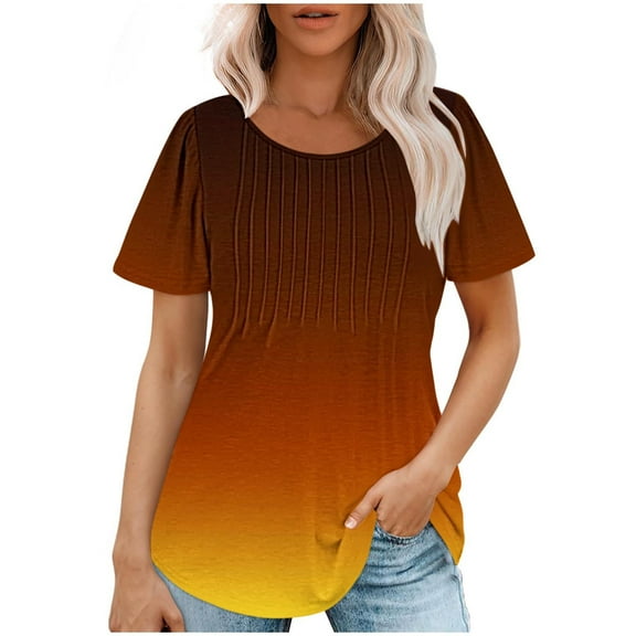 fatyb Tops for Women Summer Short Sleeve Round Neck Dressy Tunic Loose Fashion Gradient Color Blouses