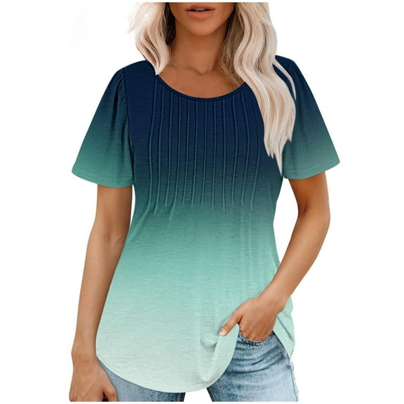 fatyb Tops for Women Summer Short Sleeve Round Neck Dressy Tunic Loose Fashion Gradient Color Blouses