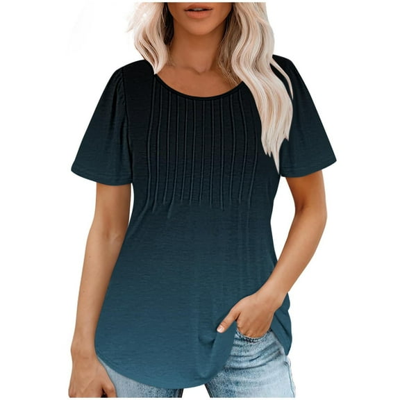 fatyb Tops for Women Summer Short Sleeve Round Neck Dressy Tunic Loose Fashion Gradient Color Blouses