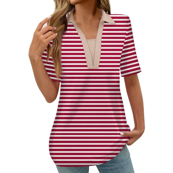 fatyb Tshirts for Women V Neck Striped Tunic Shirts with Collar Casual Womens Short Sleeve Loose Blouses