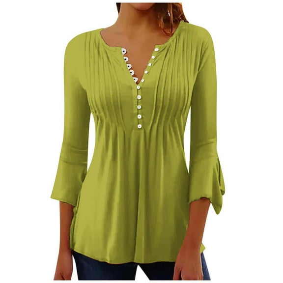 fatyb Tunic Tops for Women Button up V Neck 3/4 Sleeve Casual Blouses Plain Dressy Womens Loose Tops