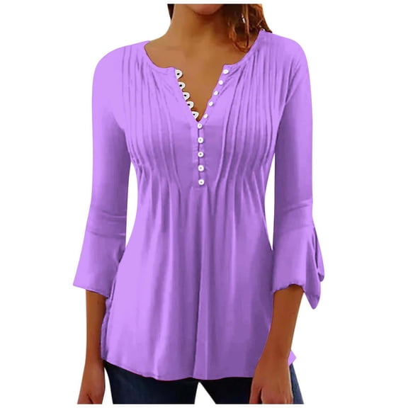 fatyb Tunic Tops for Women Button up V Neck 3/4 Sleeve Casual Blouses Plain Dressy Womens Loose Tops