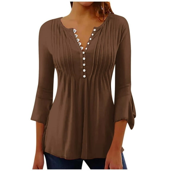 fatyb Tunic Tops for Women Button up V Neck 3/4 Sleeve Casual Blouses Plain Dressy Womens Loose Tops
