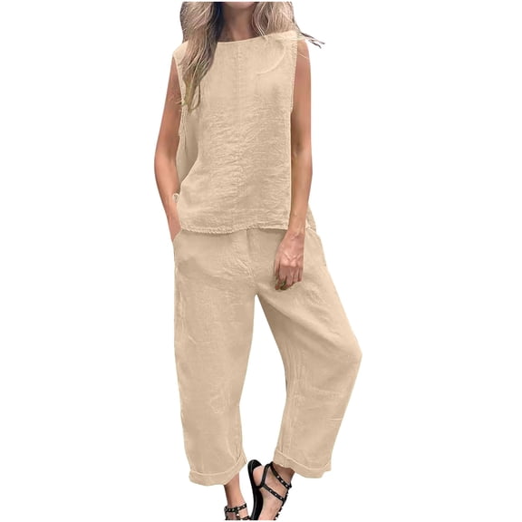 fatyb Two Piece Outfit for Women Cotton Linen Tank Top and Long Pants Matching Casual Sets Summer Clothes