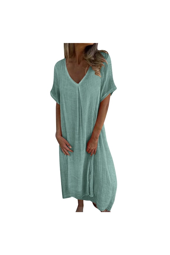 V Neck Casual Dress for Women Short Sleeve Long Tshirt Dress Lightweight Swimsuit Cover up Beachwear
