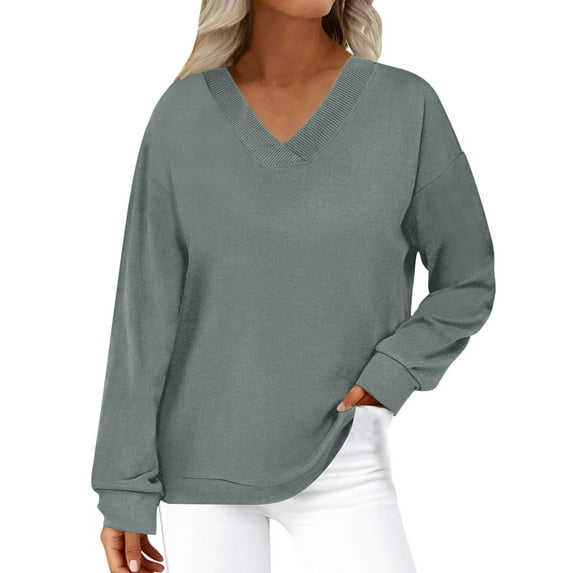 fatyb V Neck Sweatshirts for Women Long Sleeve Pullover Tops Solid Color Womens Casual Loose Sweatshirts