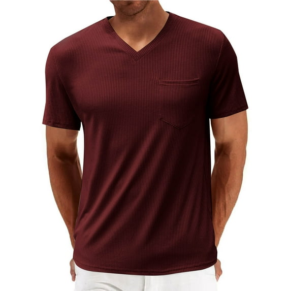 fatyb V Neck T-Shirts for Men Ribbed Short Sleeve Casual Tee Solid Color Summer Basic Tops with Pocket