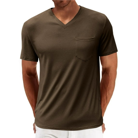 fatyb V Neck T-Shirts for Men Ribbed Short Sleeve Casual Tee Solid Color Summer Basic Tops with Pocket