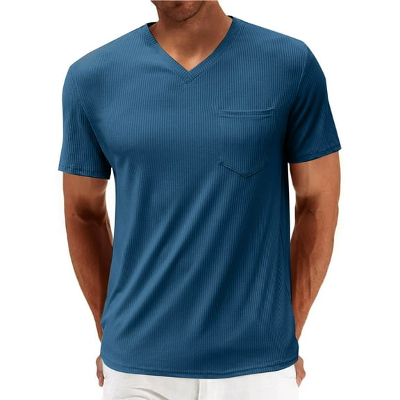 fatyb V Neck T-Shirts for Men Ribbed Short Sleeve Casual Tee Solid Color Summer Basic Tops with Pocket