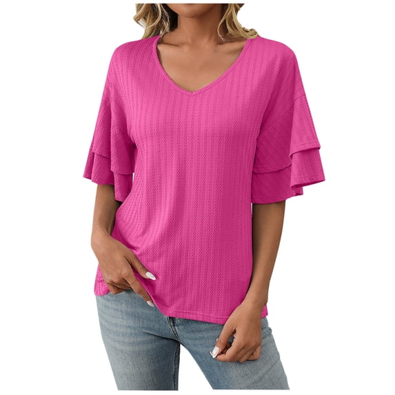 fatyb V Neck T-Shirts for Women Ruffle Short Sleeve Casual Tops Summer Loose Beach Vacation Blouses