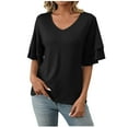 thumbnail image 1 of fatyb V Neck T-Shirts for Women Ruffle Short Sleeve Casual Tops Summer Loose Beach Vacation Blouses, 1 of 6