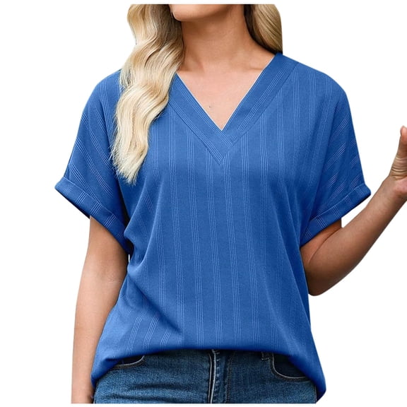 fatyb V Neck Tops Summer for Women Short Sleeve Casual T Shirts Solid Color Womens Loose Blouses Tee