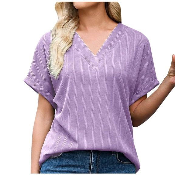 fatyb V Neck Tops Summer for Women Short Sleeve Casual T Shirts Solid Color Womens Loose Blouses Tee
