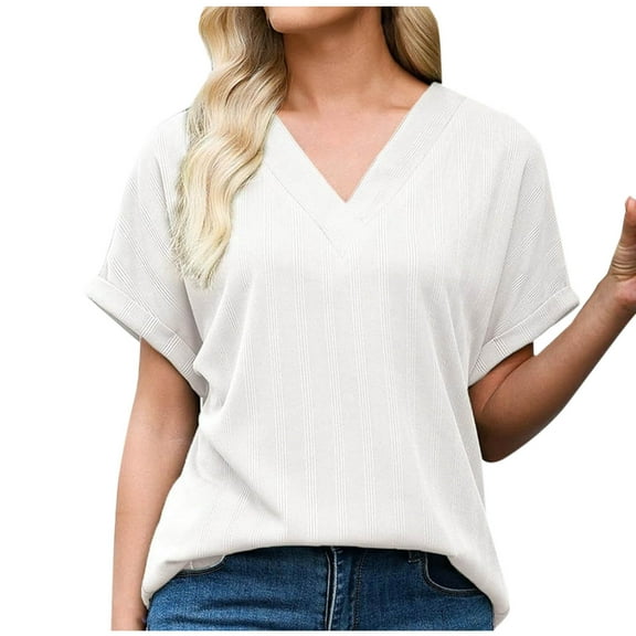 fatyb V Neck Tops Summer for Women Short Sleeve Casual T Shirts Solid Color Womens Loose Blouses Tee