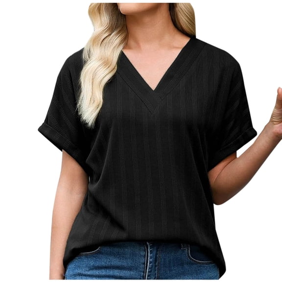 fatyb V Neck Tops Summer for Women Short Sleeve Casual T Shirts Solid Color Womens Loose Blouses Tee