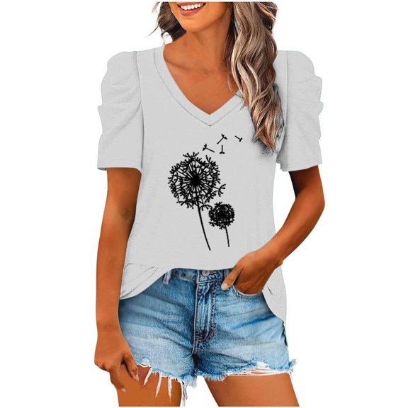 fatyb V Neck Tops for Women Graphic Printed Short Sleeve Blouses Loose Summer Womens Casual T Shirts