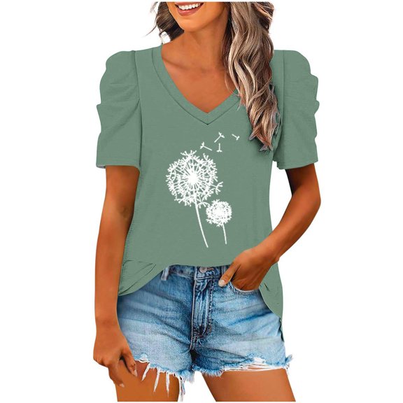 fatyb V Neck Tops for Women Graphic Printed Short Sleeve Blouses Loose Summer Womens Casual T Shirts