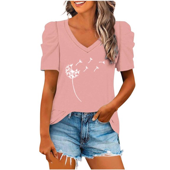 fatyb V Neck Tops for Women Graphic Printed Short Sleeve Blouses Loose Summer Womens Casual T Shirts