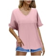 thumbnail image 1 of fatyb V Neck Tops for Women Ruffle Short Sleeve Casual Tshirts Lightweight Plain Womens Tunic Blouses, 1 of 7