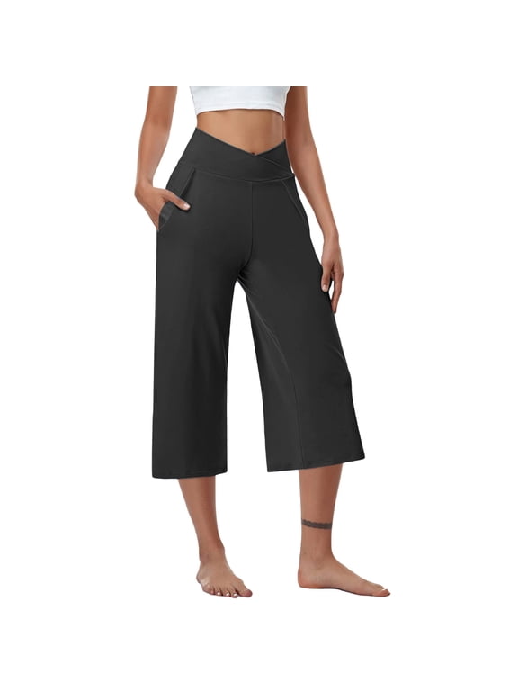 Wide Leg Capri Pants for Women Crossover High Waisted Capris Womens Stretch Workout Yoga Pants
