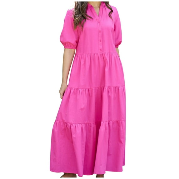 fatyb Women Button down Maxi Dresses V Neck Puff Short Sleeve Shirt Dress Ruffle Flowy Dress Plus Size