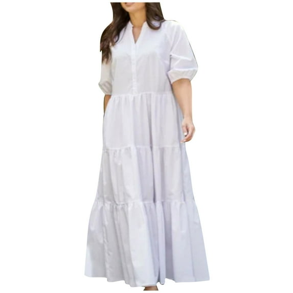 fatyb Women Button down Maxi Dresses V Neck Puff Short Sleeve Shirt Dress Ruffle Flowy Dress Plus Size