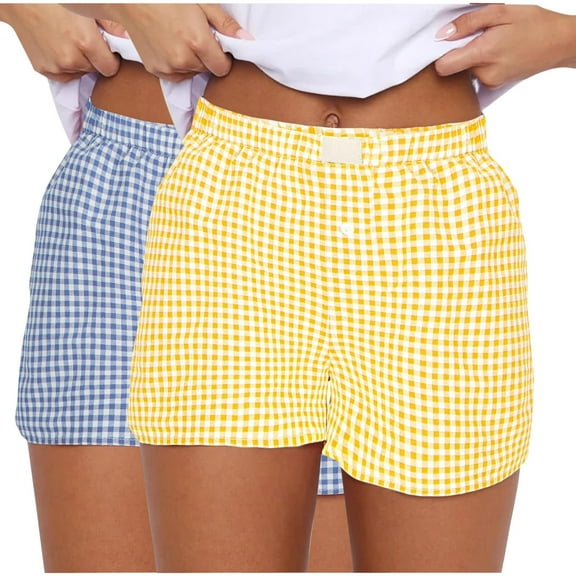 fatyb Women's 2 Pack Plaid Shorts Elastic Waist Comfy Casual Shorts Lightweight Lounge Beach Shorts