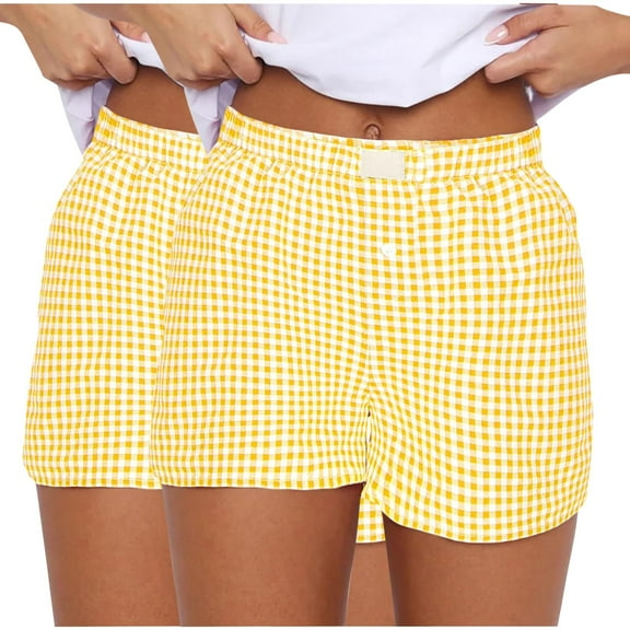 fatyb Women's 2 Pack Plaid Shorts Elastic Waist Comfy Casual Shorts Lightweight Lounge Beach Shorts
