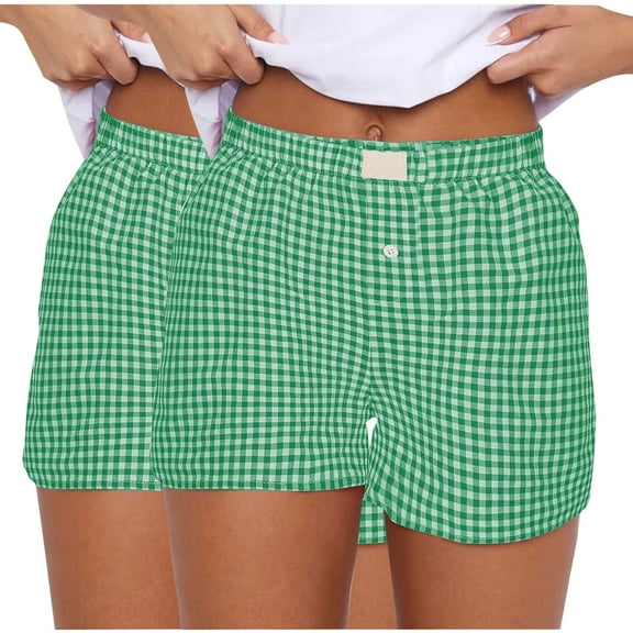fatyb Women's 2 Pack Plaid Shorts Elastic Waist Comfy Casual Shorts Lightweight Lounge Beach Shorts