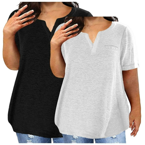 fatyb Women's 2 Pack Plus Size Tops V Neck Short Sleeve Dressy T-Shirts Casual Loose Blouses for Women