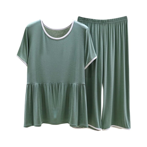 fatyb Women's 2 Piece Lounge Sets Short Sleeve Pajama Tops Soft Wide Leg Pants Casual Outfits Sleepwear