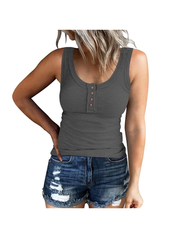 Women's Ribbed Tank Tops Button Knit Sleeveless Tank Shirts Plain Basic Tank Tees for Women