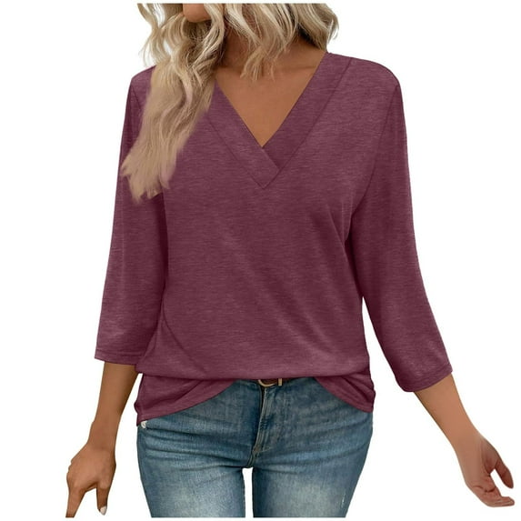fatyb Women's 3/4 Length Sleeve Shirts V Neck Casual Tunic Tops Solid Color Loose Blouses for Ladies