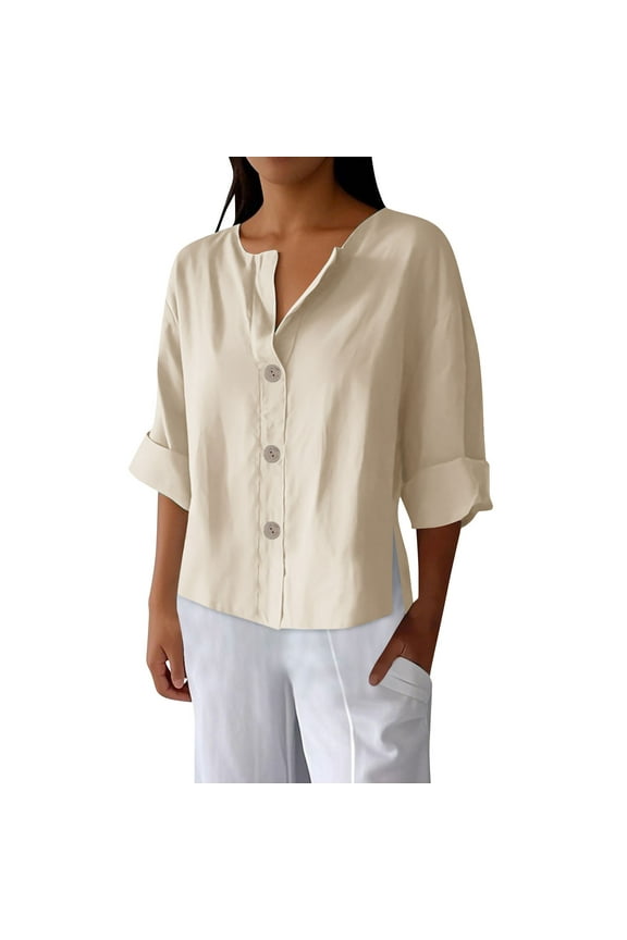 Women's 3/4 Sleeve Cotton Linen Tops Casual V Neck Tees Shirts Loose Lightweight Plain Blouses