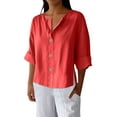 thumbnail image 1 of fatyb Women's 3/4 Sleeve Cotton Linen Tops Casual V Neck Tees Shirts Loose Lightweight Plain Blouses, 1 of 7