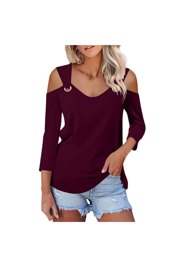 Women's 3/4 Sleeve Shirts Cold Shoulder T-Shirts for Women V Neck Dressy Casual Tunic Blouses
