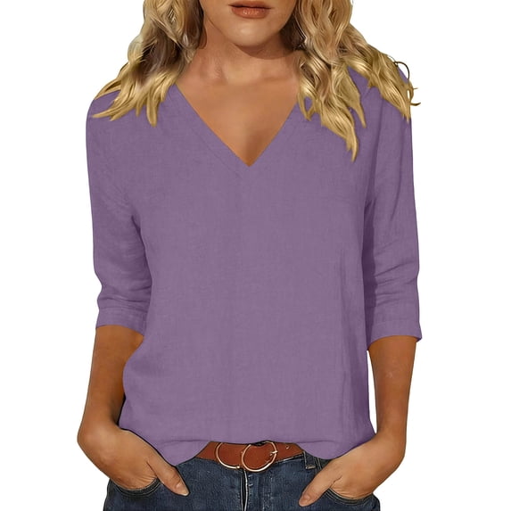 fatyb Women's 3/4 Sleeve Tops Cotton Linen Tee Shirts V Neck Casual Plain Lightweight Summer Tshirts