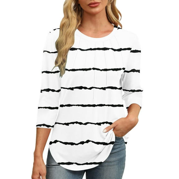 fatyb Women's 3/4 Sleeve Tops Printed Crew Neck Tunic Loose Blouses Casual Summer Shirts for Women